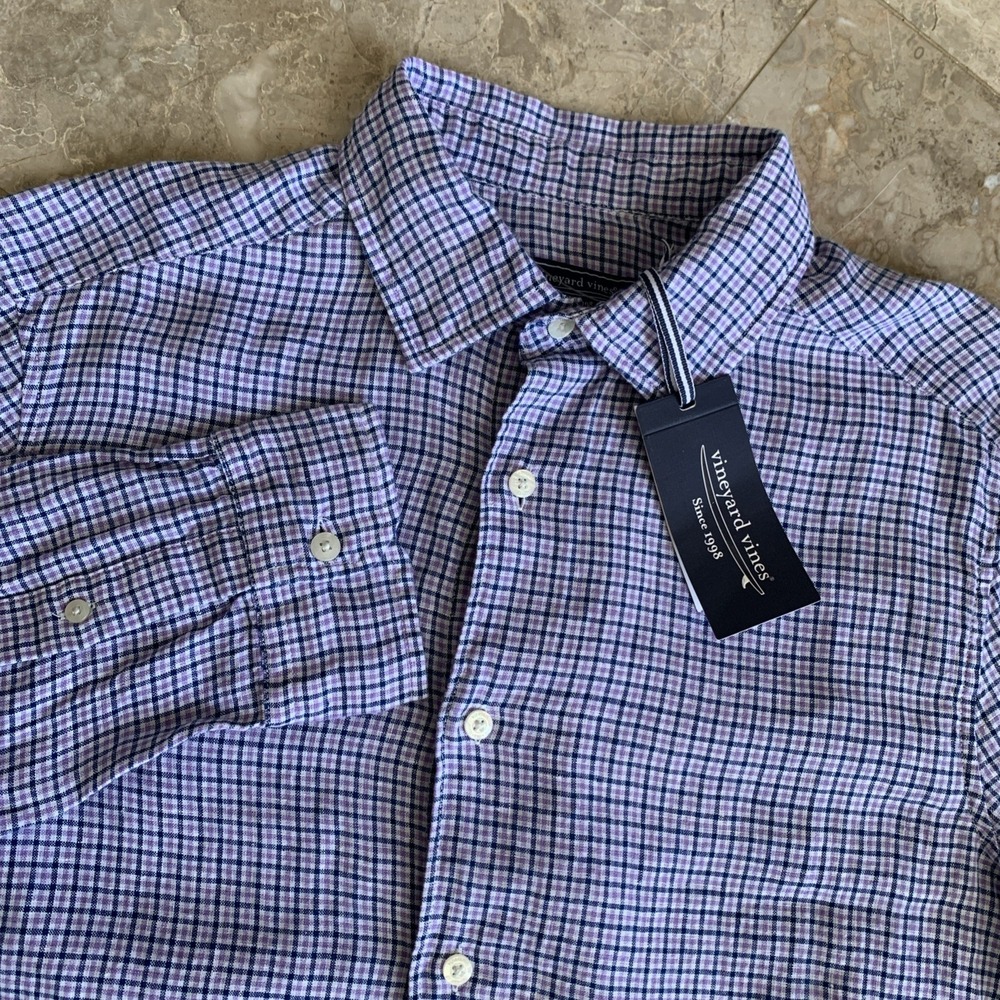 Vineyard Vines 100% Linen Tattersall Mens M Button‎ Up Shirt Blue Plaid Check